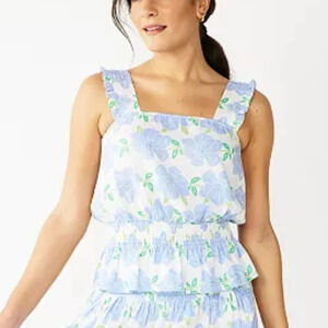 NWT Draper James RSVP Smocked Peplum Tank Top, White & Blue Florals, Size XL